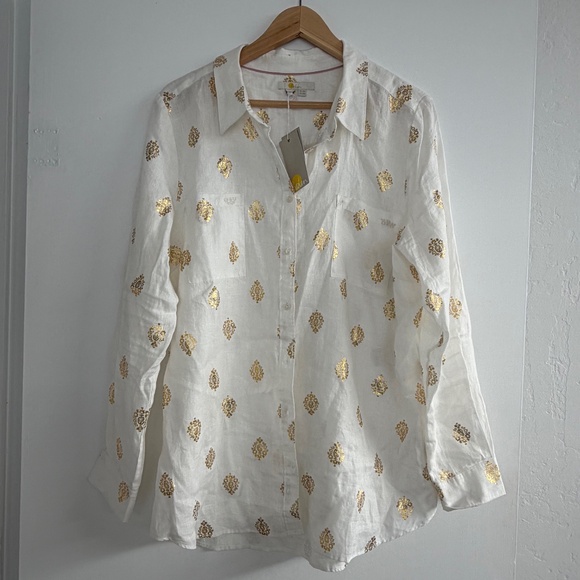 BODEN White Linen Button Down Shirt Top Size 14 with Gold Print - NWT Brand New! - Picture 6 of 6